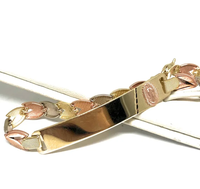 14k Solid Gold Tri-Color Virrgin Mary ID Brracelet 7.5 inch Virrgen Guadalupe (Free engraving)