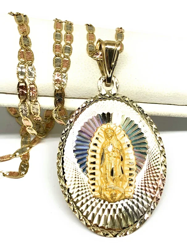 14k Solid Gold Tri-Color Virrgin Mary Oval Pendant Virrgen Guadalupe Valentina Chain