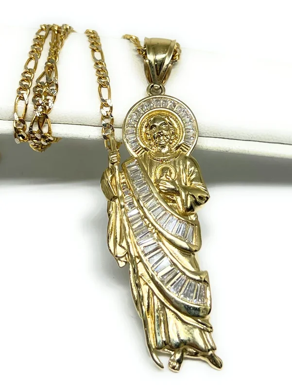 14k Solid Gold WHITE BAGUETTE CZ Saan Judas Saaint Jude Necklace Pendant (MED, LG)