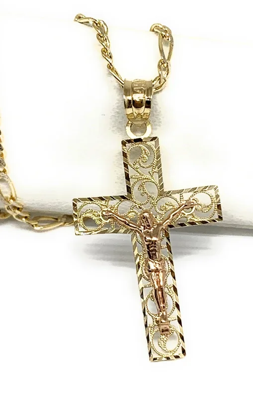 14k Solid Gold Yellow & Rose Gold Classic Jesus Cross Pendant Necklace Crucifix With Figaro Chain