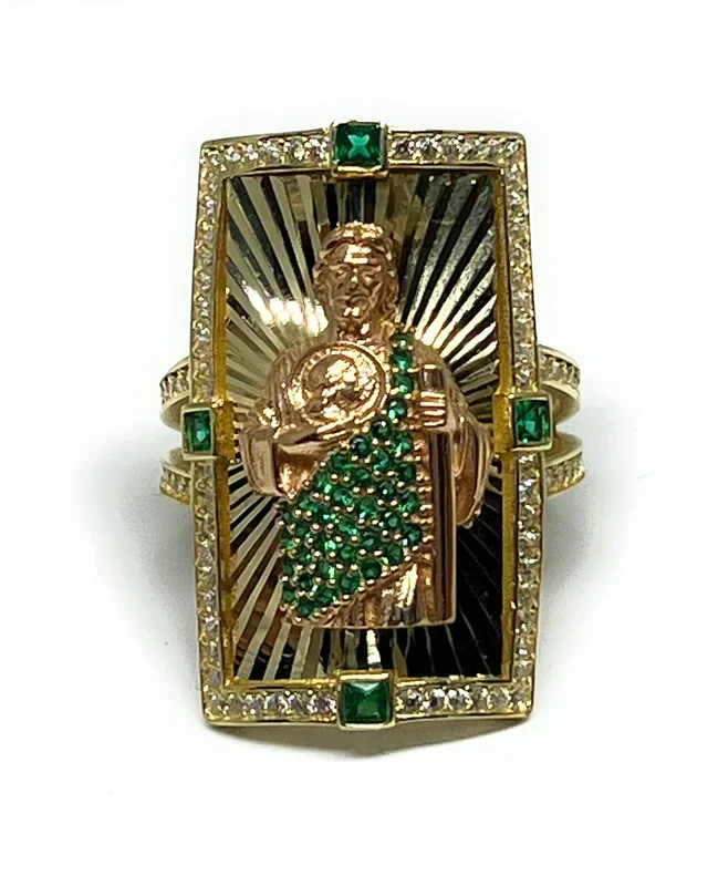 14k Solid Gold YELLOW & ROSE GOLD GREEN Saan Judas CZ Square Ring