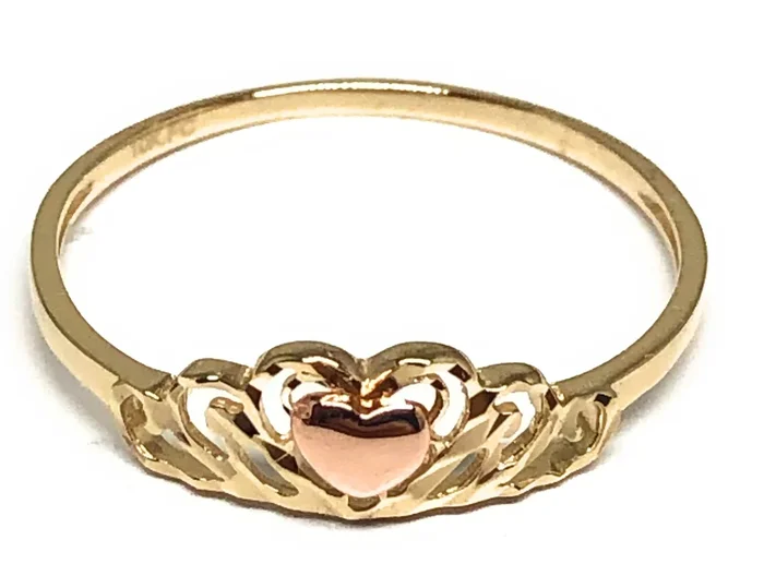 14k Solid Gold Yellow & Rose Gold Heart Crown Dainty Ring (FC 203)