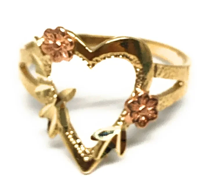 14k Solid Gold Yellow & Rose Gold Heart Flower Ring