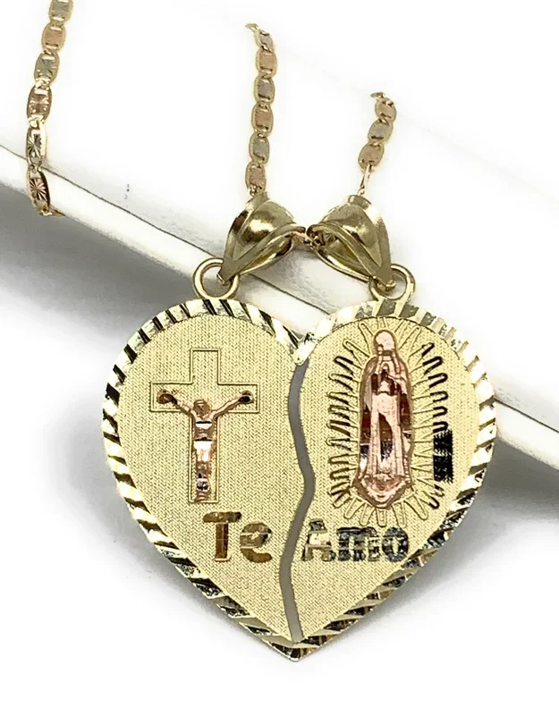14k Solid Gold Yellow & Rose Gold Virrgin Mary Jesus Cristo “Te Amo” Heart Split Pendant (LG,MED)