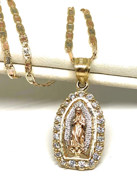 14k Solid Gold Yellow & Rose Virrgin Mary CZ Pendant Virrgen Guadalupe Valentina Chain (XS, SM, MED)
