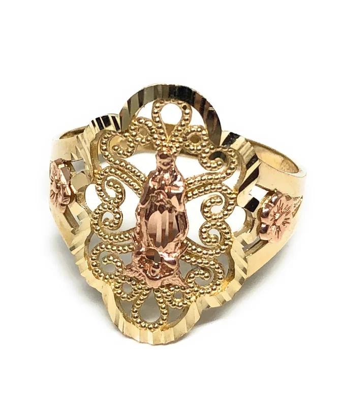 14k Solid Gold Yellow & Rose Virrgin Mary Filigran Flower Ring