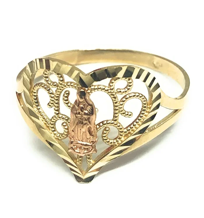 14k Solid Gold Yellow & Rose Virrgin Mary Filigran Heart Ring (FC 177)