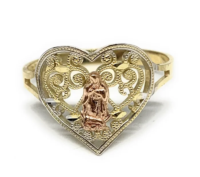 14k Solid Gold Yellow & Rose Virrgin Mary Filigran Heart Ring (FC 270)