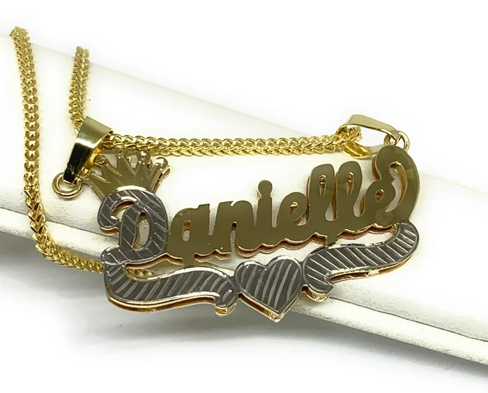 14k Solid Gold Yellow & White Custom CROWN CURSIVE WITH HEARTS 3D DOUBLE NAME ILLUSION Nameplate Pendant Necklace with Chain Options