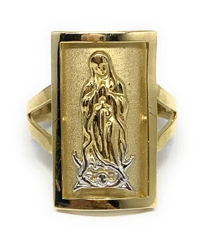 14k Solid Gold Yellow & White Gold Square Virrgin Mary Ring