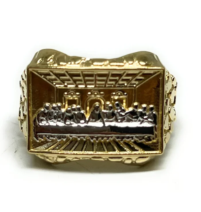 14k SOLID GOLD YELLOW & WHITE GOLD WIDE LAST SUPPER NUGGET RING (4.2g)