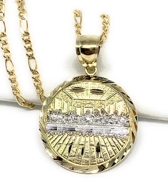 14k Solid Gold Yellow 2-Tone Jesus Last Supper Diamond Cut Round Pendant Necklace