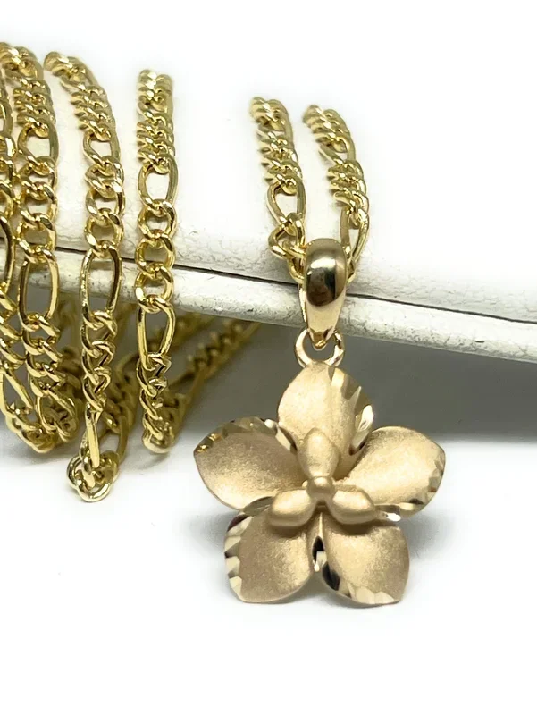 14k Solid Gold Yellow Hibiscus Flower Matte Pendant Necklace