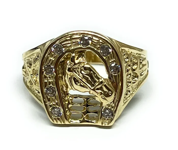 14k Solid Gold Yellow Horse Horseshoe CZ Ring (7.2g)