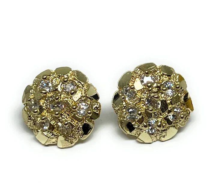 14k Solid Gold Yellow Nugget Cluster CZ Stud Earrings (SM,MED)
