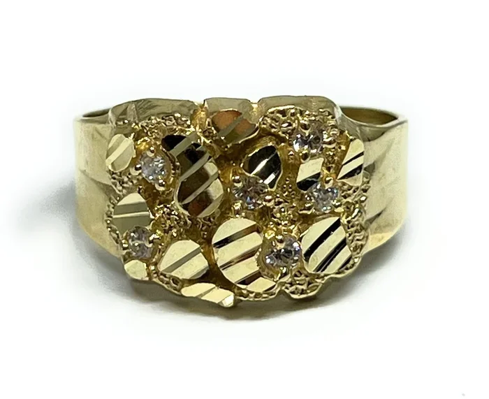 14k Solid Gold Yellow Nugget CZ Ring