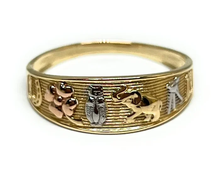 14k Solid Gold Yellow Tri-Color Lucky Symbols Band Ring Suerte (FC 289)