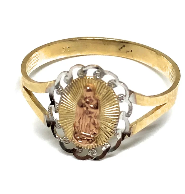 14k Solid Gold Yellow Tri-Color Virrgin Mary Ring