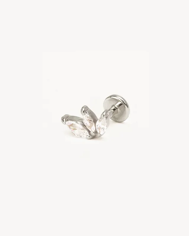14k Solid White Gold Blooming Lotus Crystal Cartilage Earring