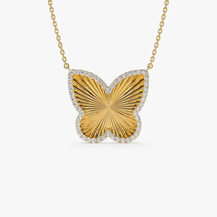 14K Textured Diamond Butterfly Charm Pendant