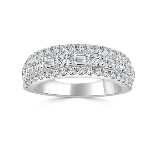 14k Three Row Round and Baguette Diamond Band