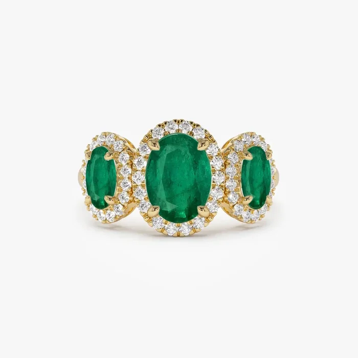 14K Three Stone Emerald Diamond Engagement Ring