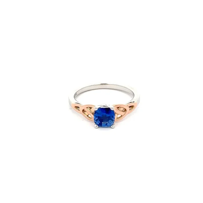 14k White and Rose Gold with 0.84ct Cushion Cut Ceylon Blue Sapphire Trinity Ring