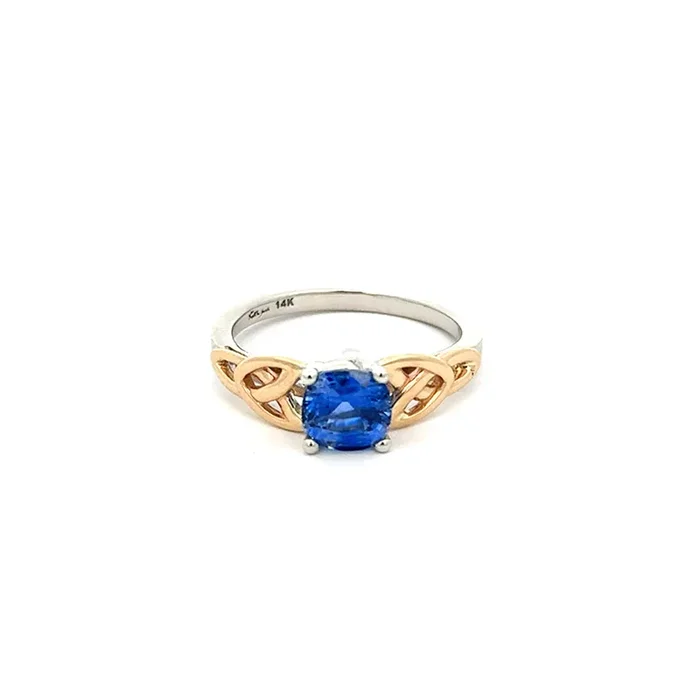 14k White and Yellow Gold with Cushion Cut 1.68ct Ceylon Blue Sapphire Trinity Ring