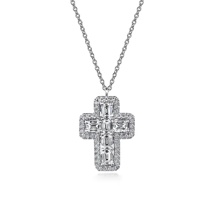 14K White Gold Emerald Cut Diamond Cross Necklace