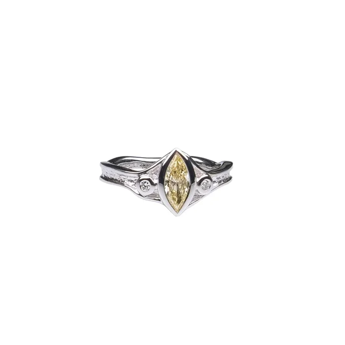 14k White Gold Marquise Cut Certified Lab Grown Fancy Yellow Diamond 0.51ct Rocks ‘n Rivers Ring
