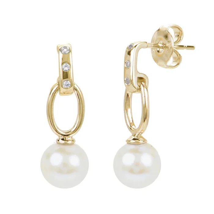 14k Yellow Gold Freshwater Pearl & Diamond Earrings