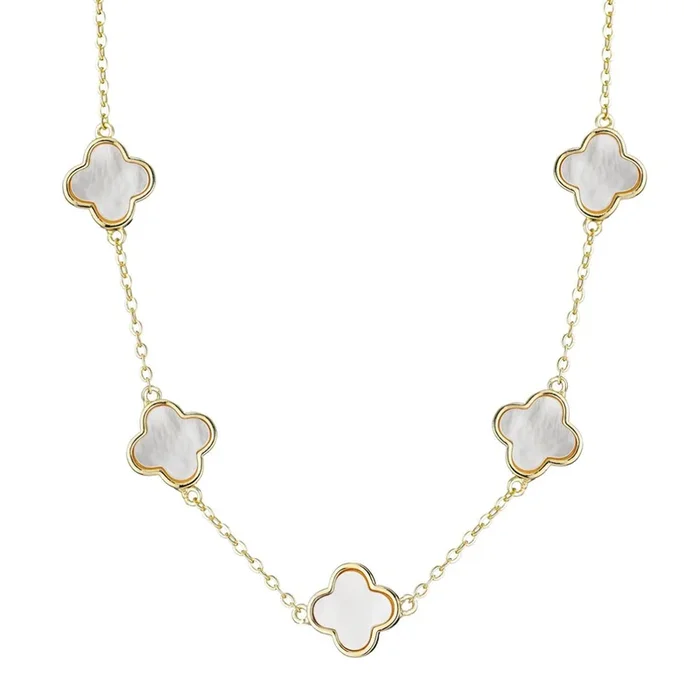 14k Yellow Gold Plated Mother of Pearl Clover Station Necklace