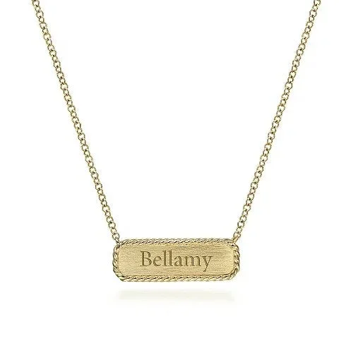 14K Yellow Gold Rectangular ID Pendant Necklace with Twisted Rope Frame