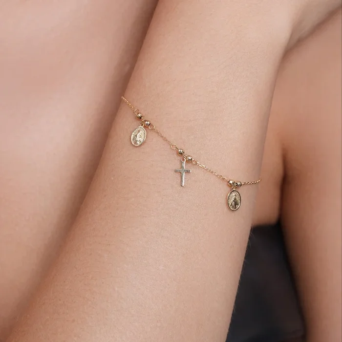 14KB0004. – 14 Karat Yellow Gold Diamond Cut Beads Guadalupe and Cross Charms Adjustable Bracelet