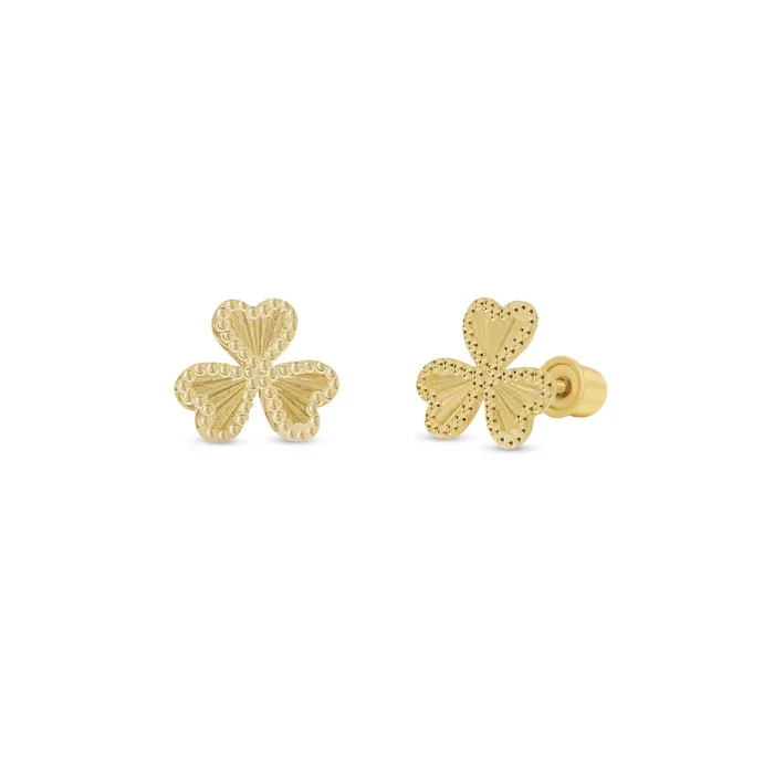14KE0009. – Pendientes de trébol con corte de diamante iridiscente y cuentas de oro amarillo de 14 quilates
