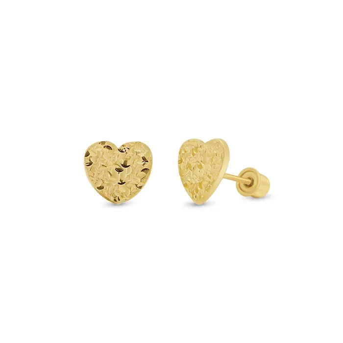 14KE0020. – 14 Karat Yellow Gold Diamond Cut Confetti Heart Earrings