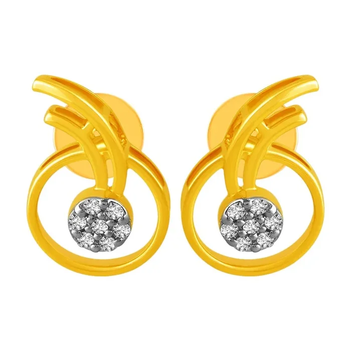 14KT (585) Yellow Gold & Diamond Curved Line Detailing Studs Earrings