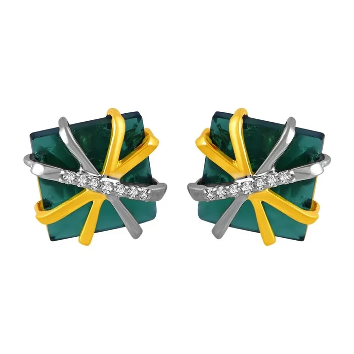 14KT (585) Yellow Gold & Diamond Studs Earrings with Green Stone
