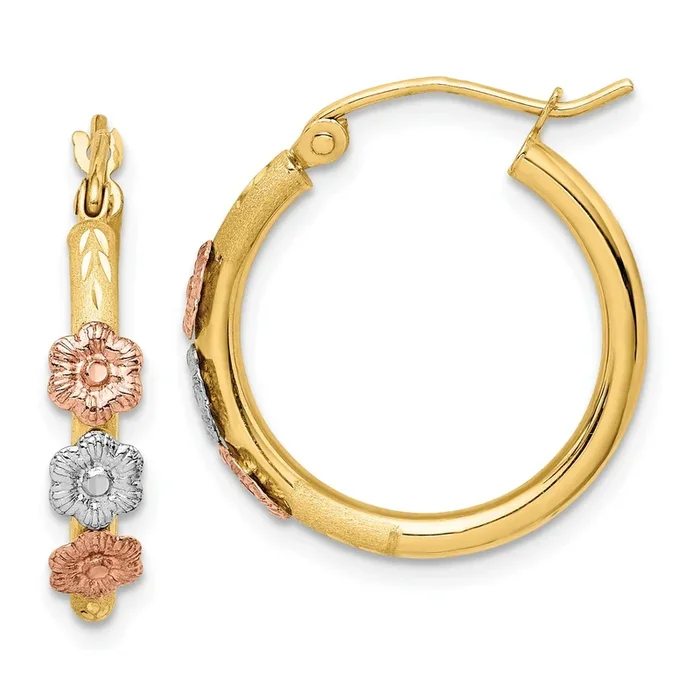 14KT Gold Tri-Color Flower Hoop Earrings
