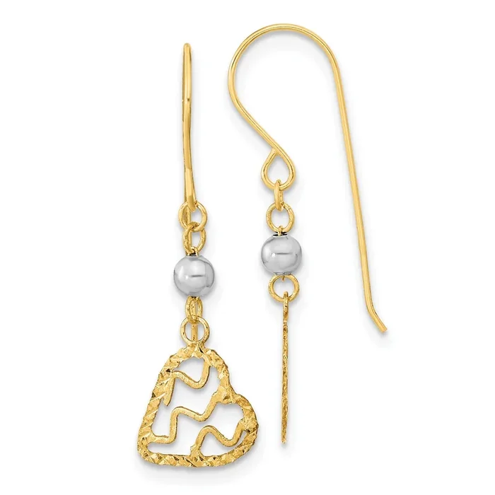 14KT White and Yellow Gold 29X9.5MM Diamond-cut Heart Drop & Dangle Earrings