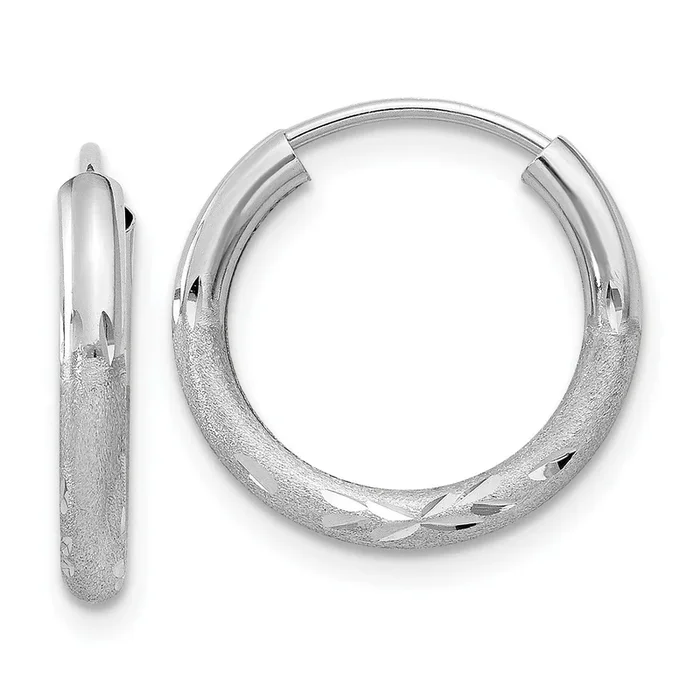 14KT White Gold 12X2MM Diamond-cut Endless Hoop Earrings