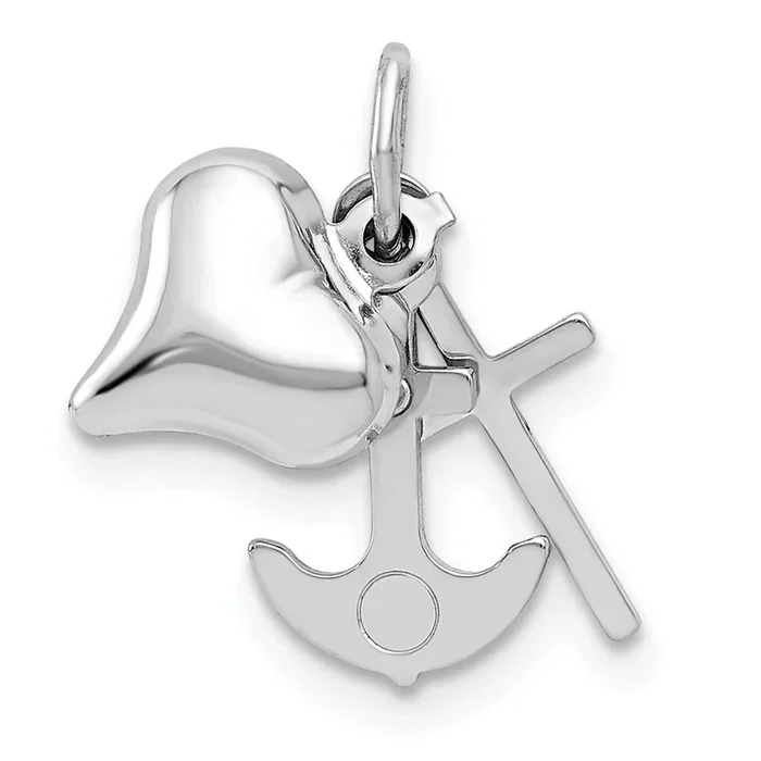 14KT White Gold 13X20MM Heart Cross Anchor Pendant. Chain Not Included