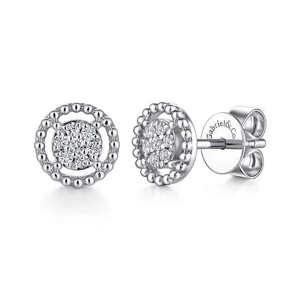 14KT White Gold Beaded Halo Diamond Pave Stud Earrings