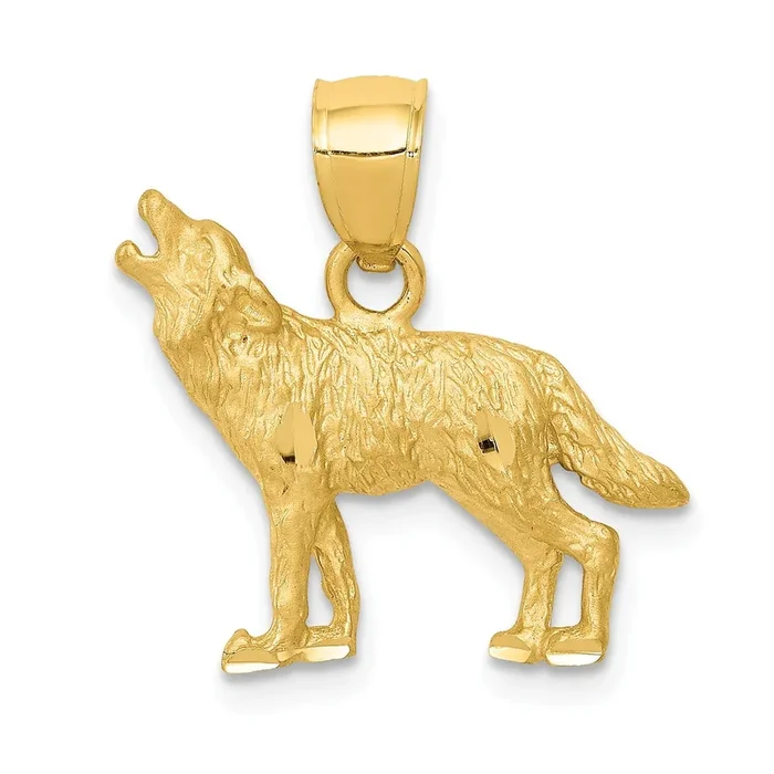 14KT Yellow Gold 18MM Diamond-cut Wolf Pendant. Chain Not Included