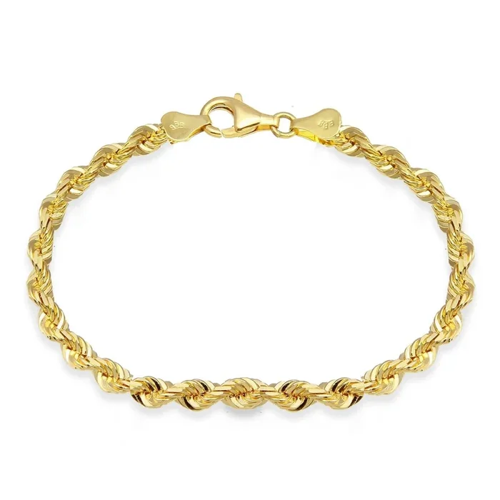 14KT Yellow Gold 9-inch 4MM Diamond-cut Rope Lobster Clasp Bracelet