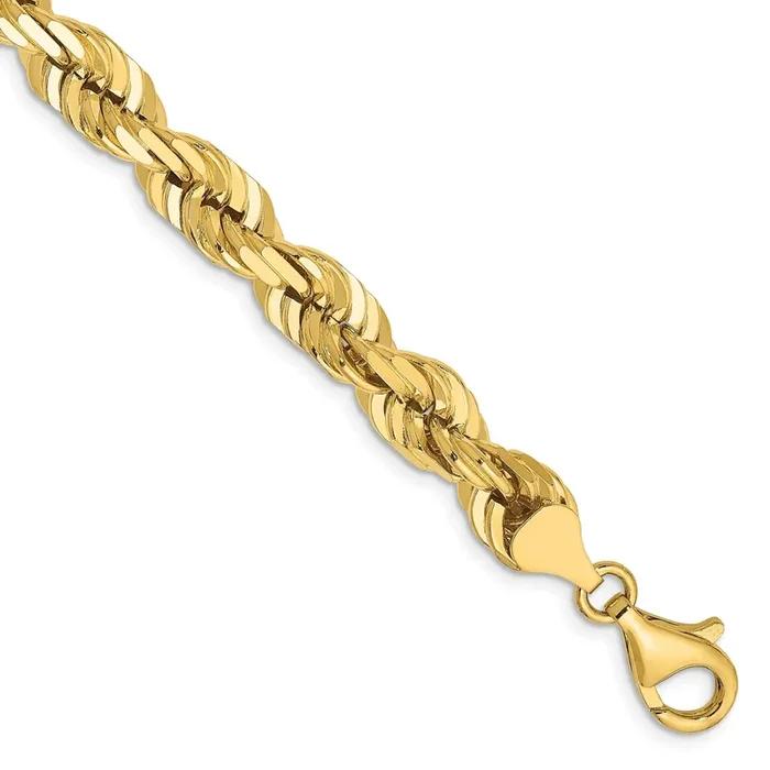 14KT Yellow Gold 9-inch 7MM Diamond-cut Lobster Clasp Rope Bracelet