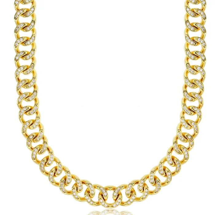 14KT Yellow Gold Plated Sterling Silver Cubic Zirconia 20-inch 8MM Pave Cuban Link Chain