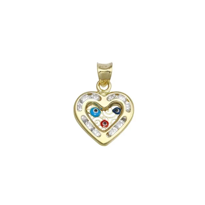 14P00016. – 14 Karat Yellow Gold CZ Heart Evil Eyes Pendant