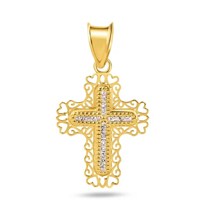 14P00064 – 14 Karat Yellow Gold Beaded Cross Heart Cutout Clear CZ Pendant