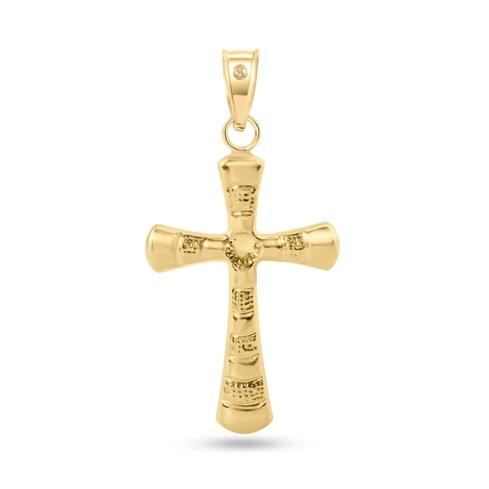 14P00079. – 14 Karat Yellow Gold 2 Sided Patterned Hollow Tube Cross Pendant